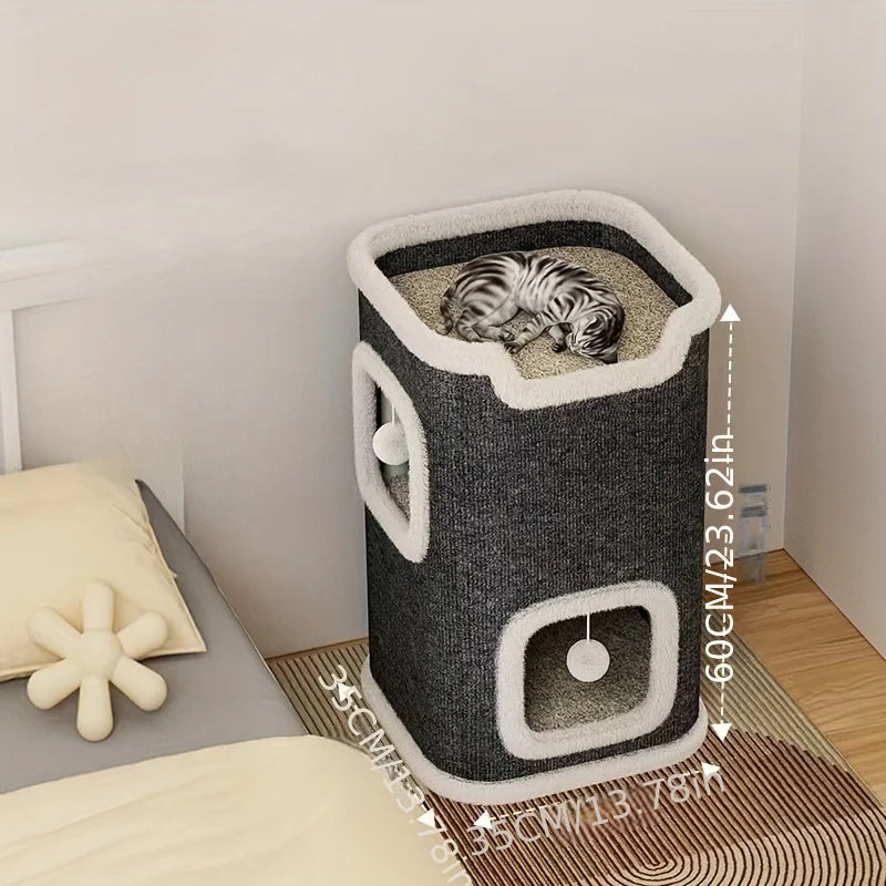 New Cat House Deluxe Square Cat Condo With Scratching Posts Nylon Cat House Bed with Scratching Board Cat Play Toy Shelter